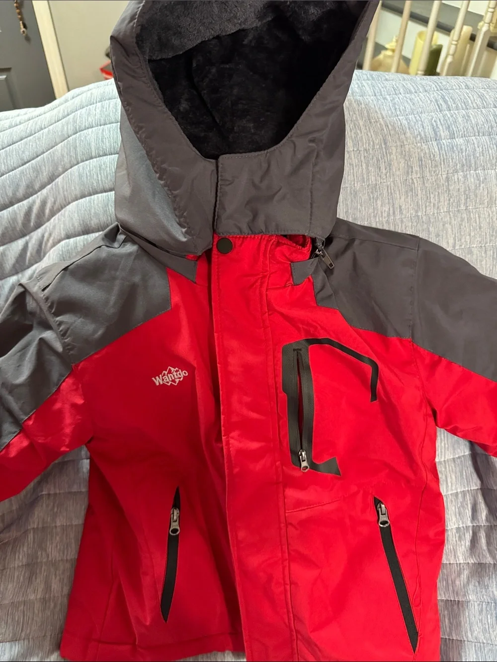 Kids' Red and Gray Winter Puffer Jacket with Hood - Wanito